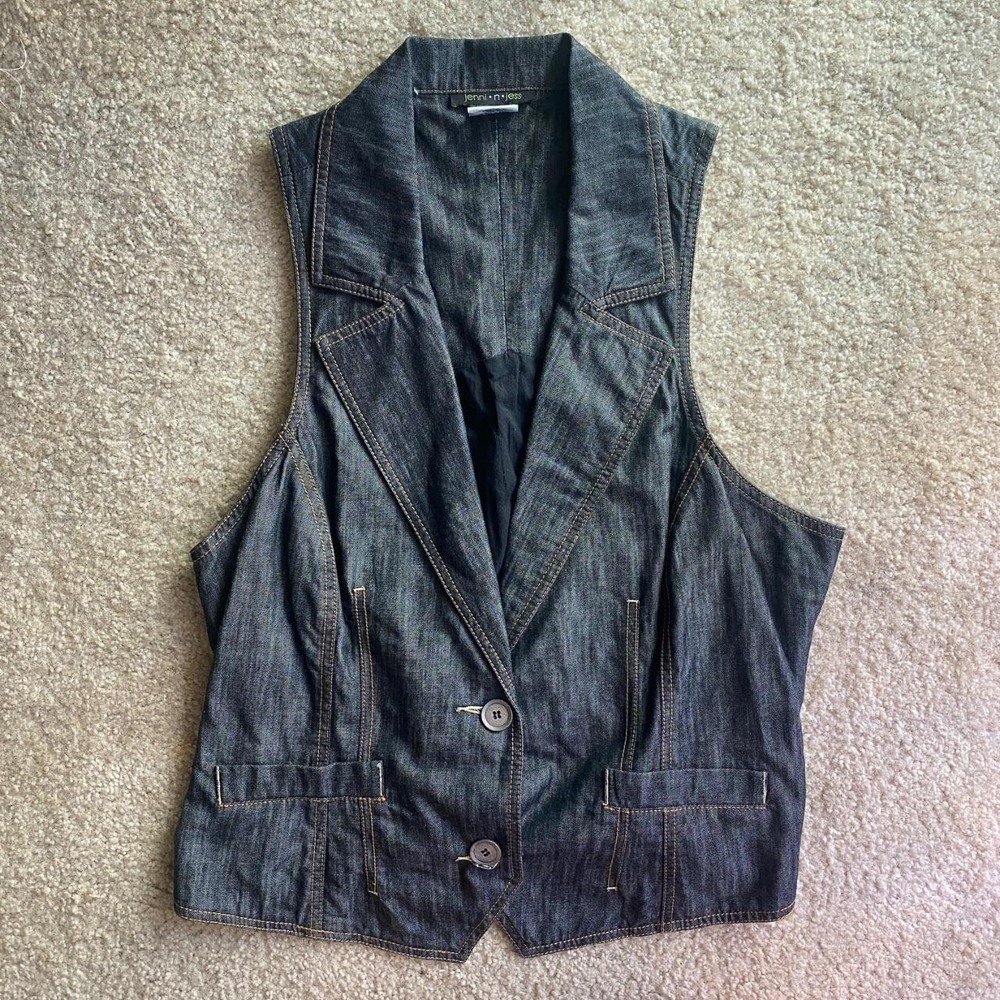 Vintage Jenni N Jess Y2K Denim Jean Vest Button Dark Wash Vest 100% Cotton XL